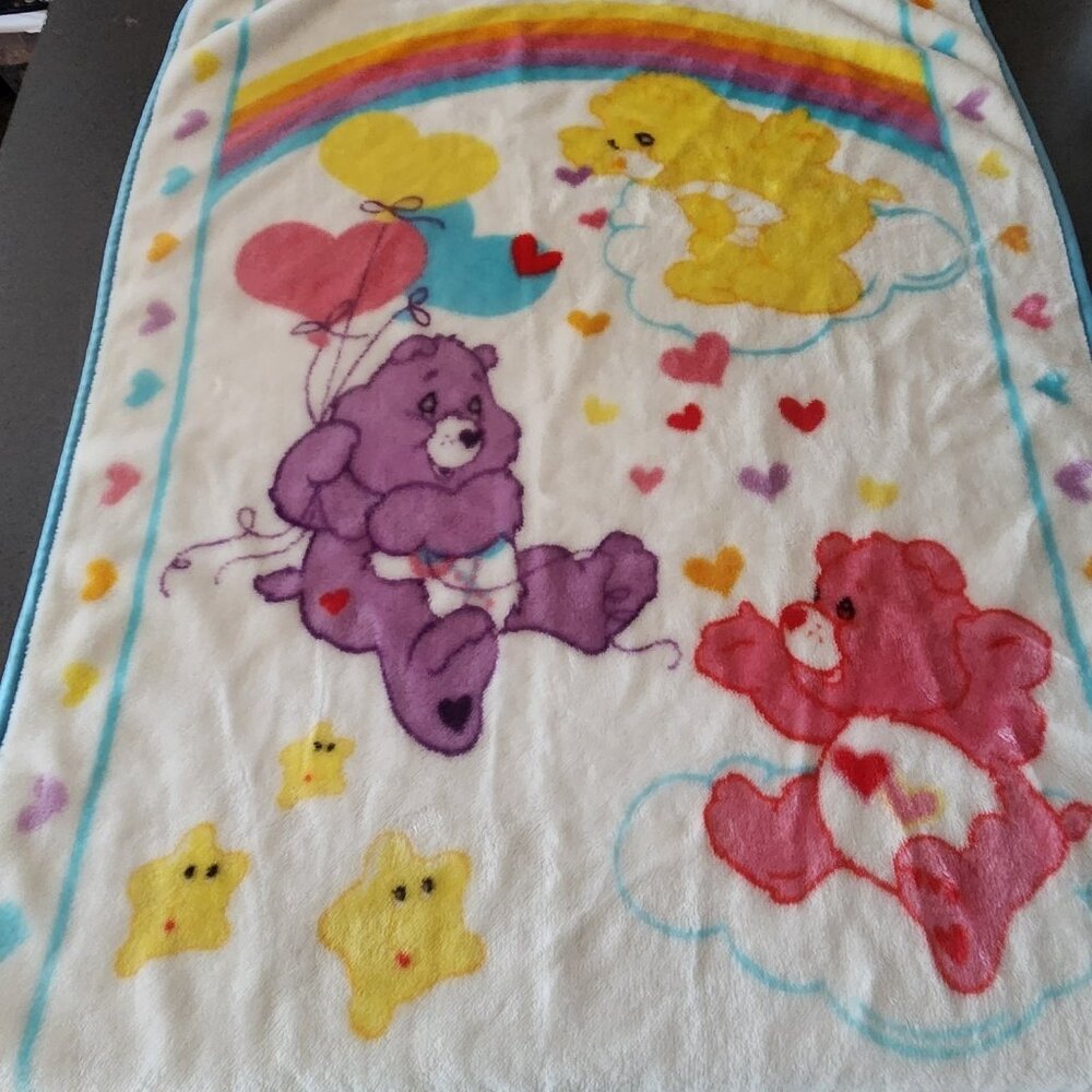 Vintage Care Bears Plush Baby Blanket White Hearts Balloons Stars Rainbow Y2K